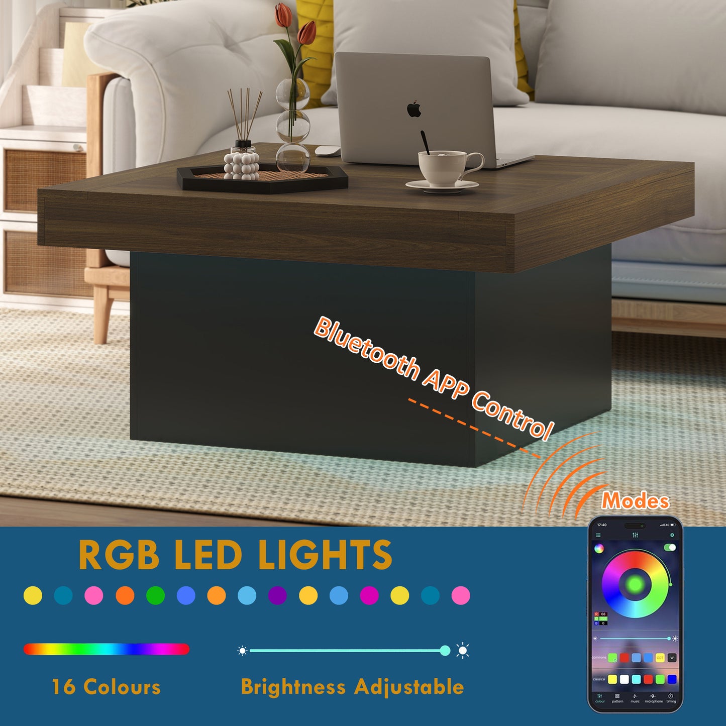 HOMCOM Modern Square Coffee Table with RGB LED Lights, Walnut Finish