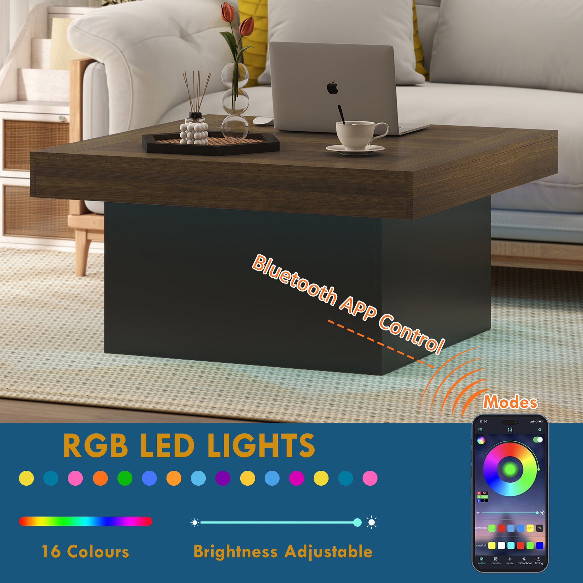 HOMCOM Modern Square Coffee Table with RGB LED Lights, Walnut Finish