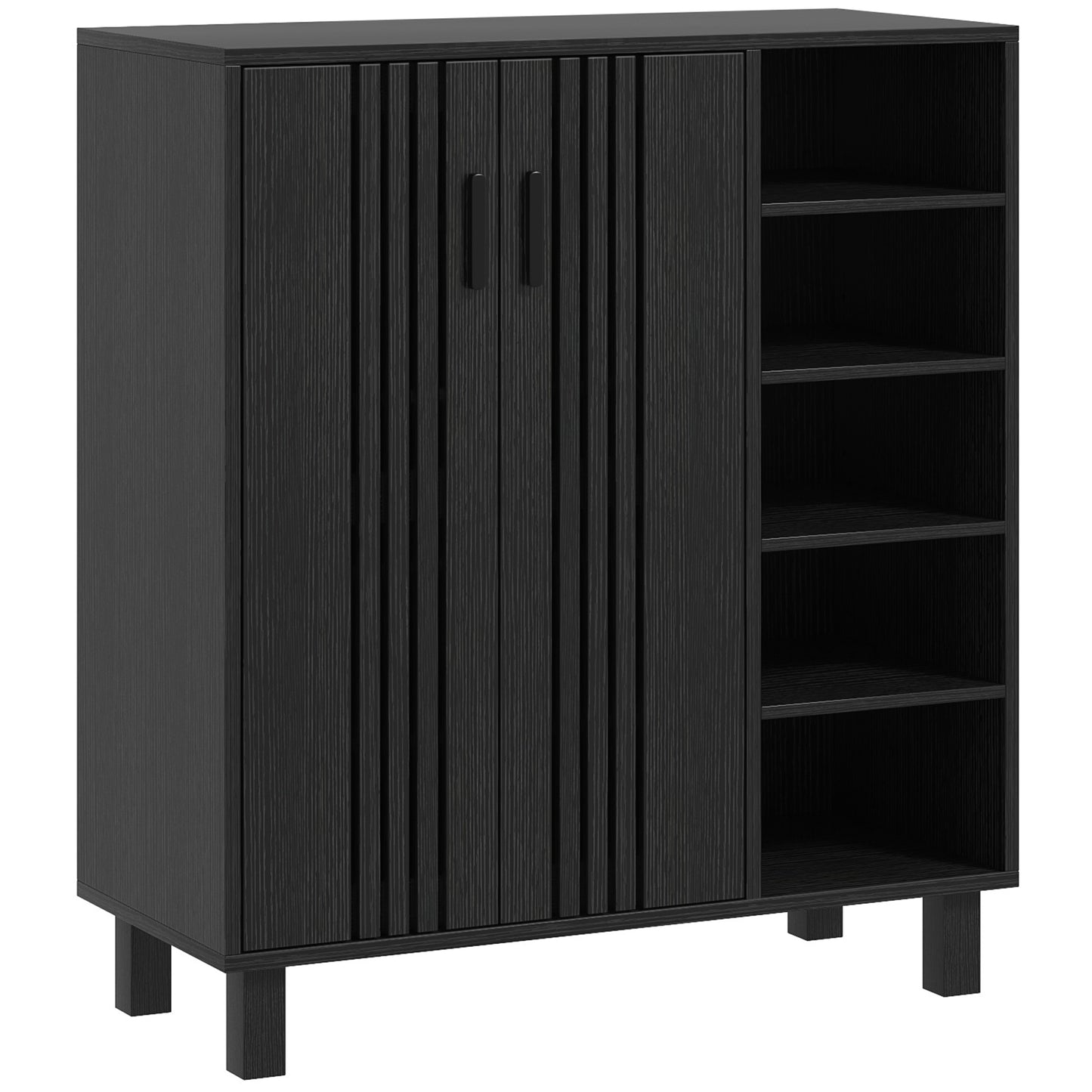 HOMCOM Black Entryway Shoe Storage Cabinet with Double Doors & Open Shelves