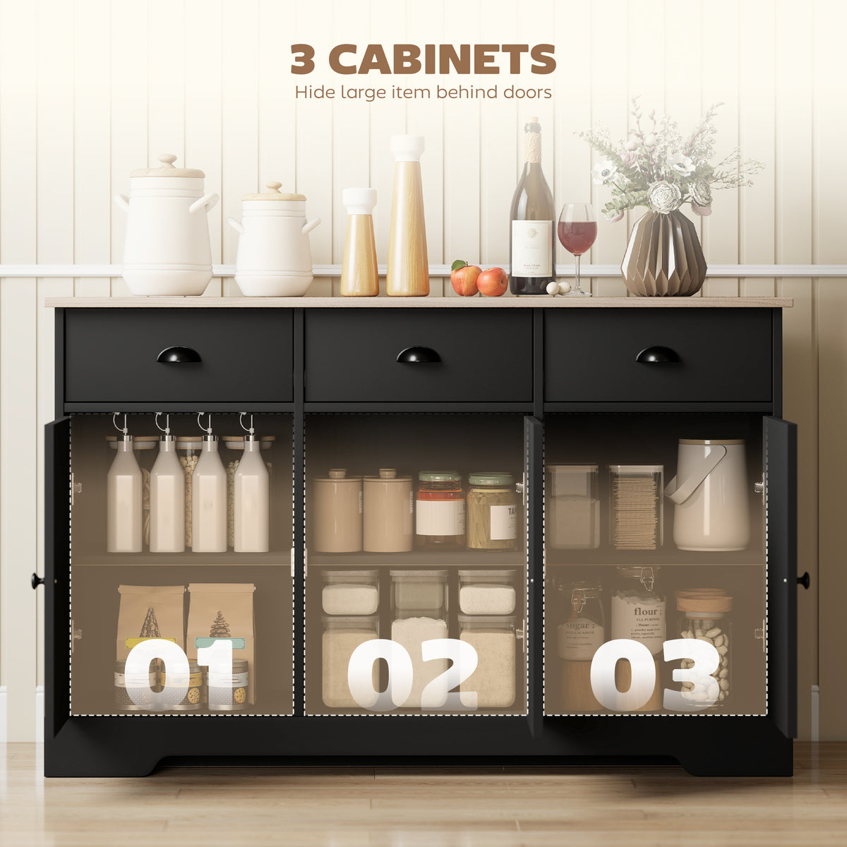 Farmhouse Sideboard with 3 Barn Doors and 3 Drawers – 47"W x 30"H