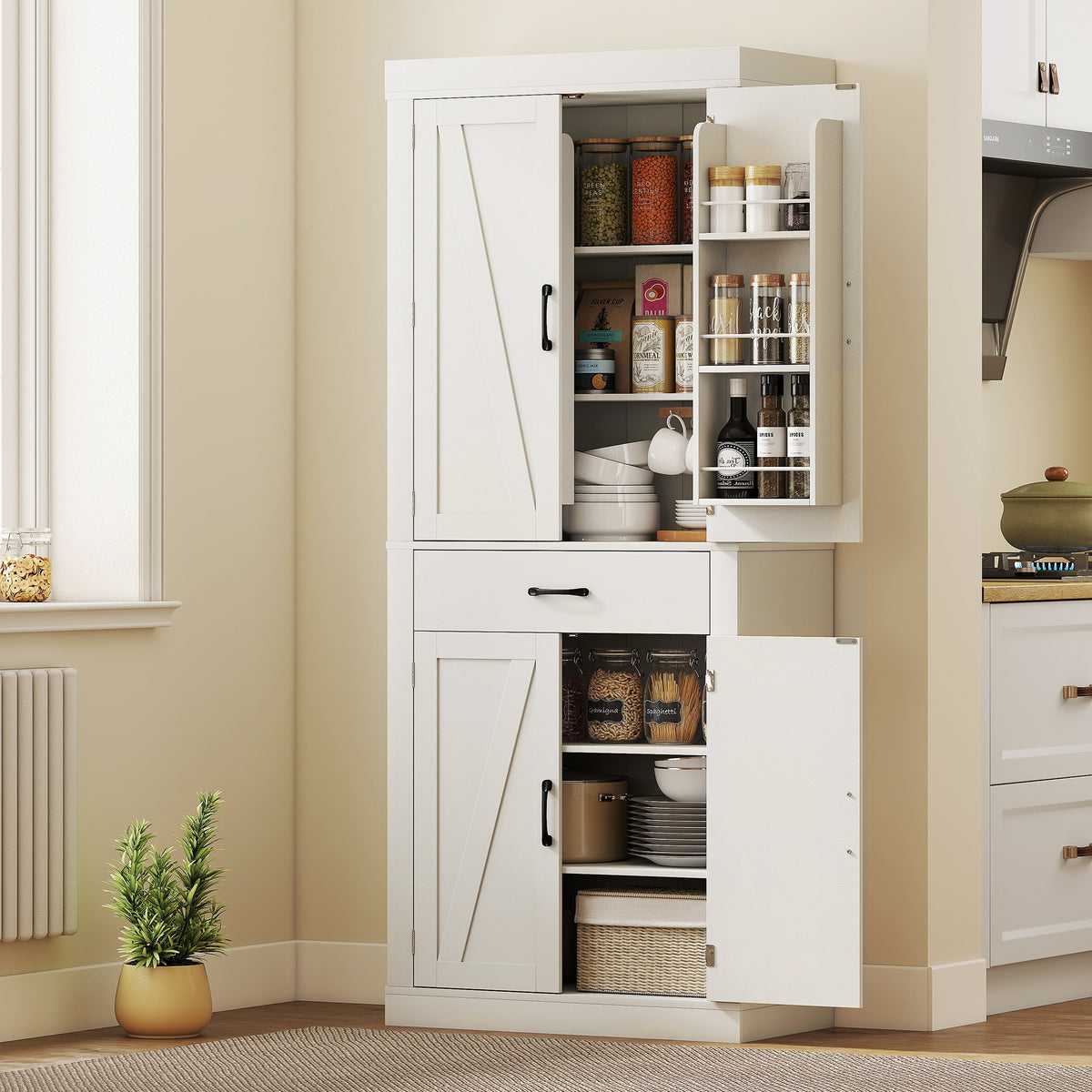 Farmhouse Kitchen Storage Cabinet with 4 Barn Doors – 30"W x 72"H