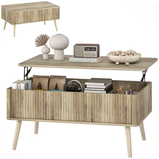 HOMCOM Modern Oak Lift Top Coffee Table with Hidden Storage, Pine Wood Legs