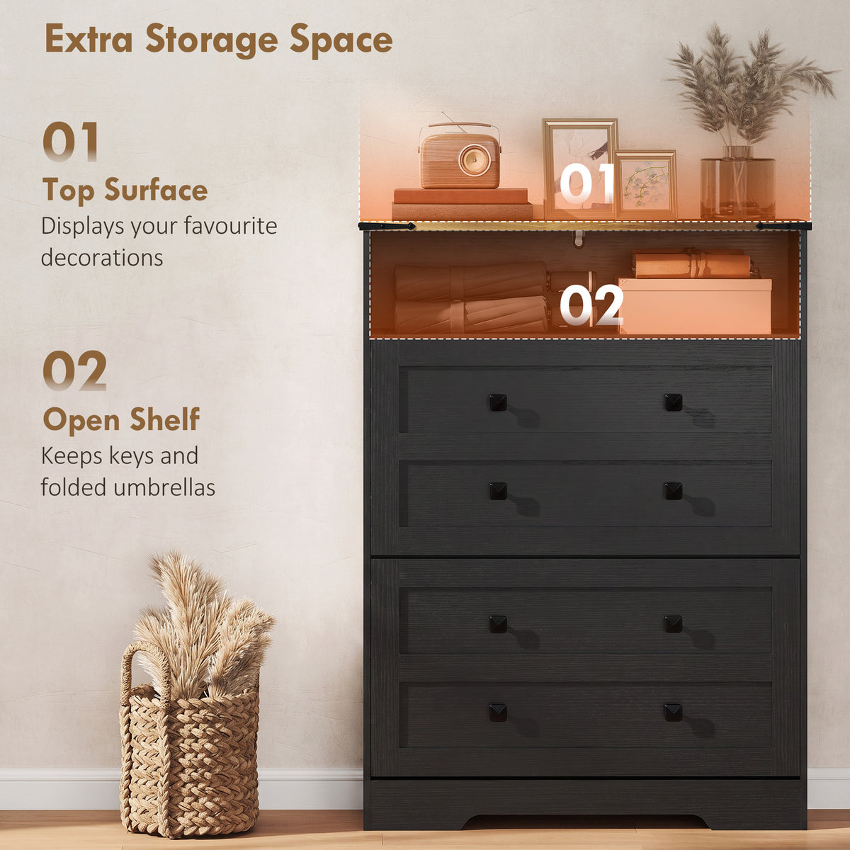 Slim Entryway Shoe Cabinet with 2 Flip Drawers – 31"W x 43"H
