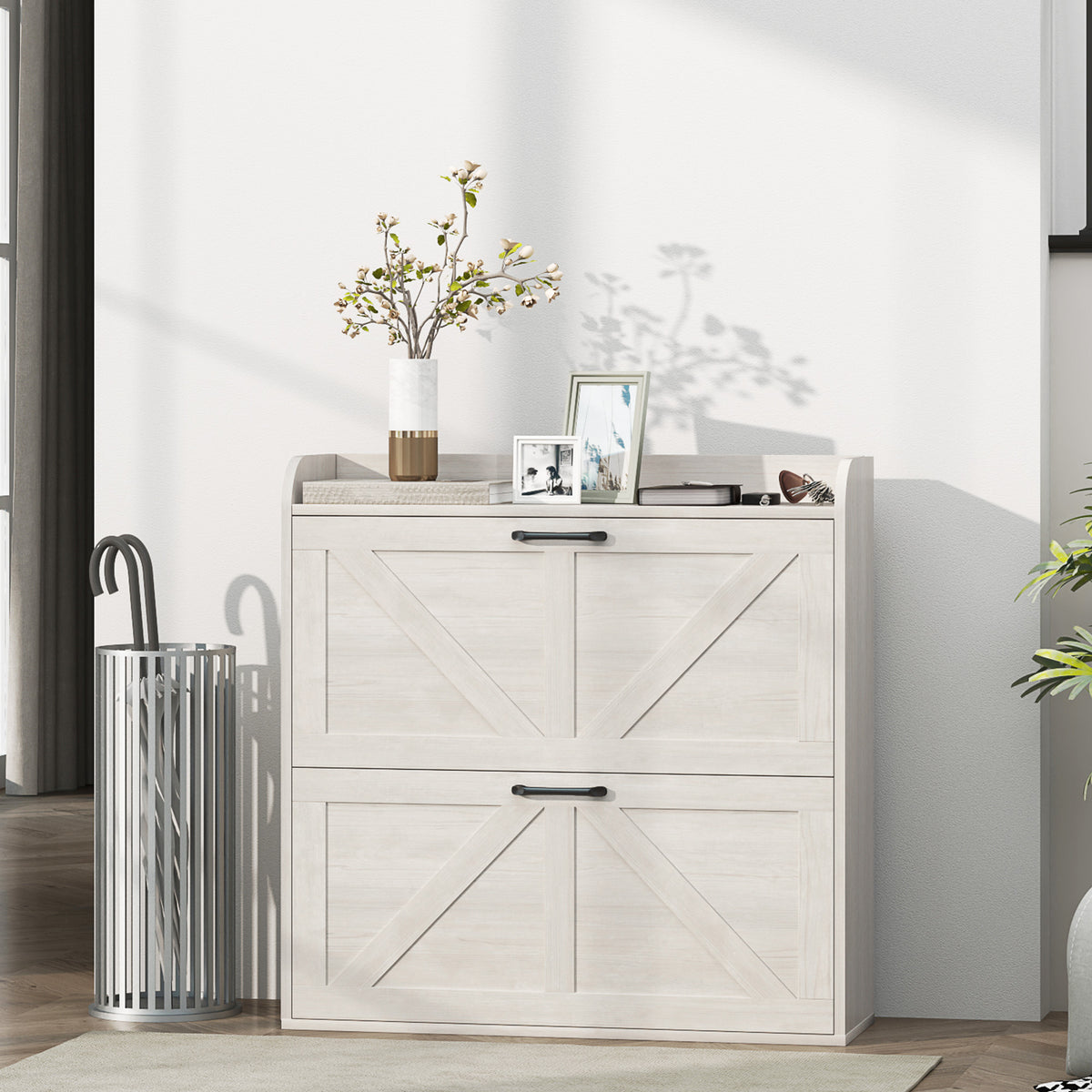 Farmhouse Shoe Cabinet with 2 Flip Drawers – 31"W x 34"H