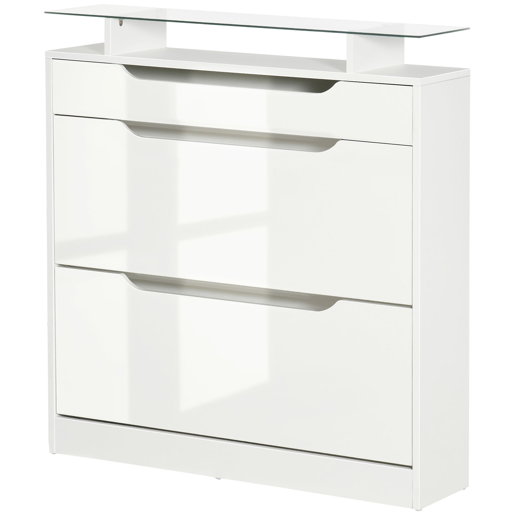 HOMCOM White High Gloss Shoe Cabinet with Adjustable Flip Drawers