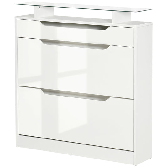 HOMCOM White High Gloss Shoe Cabinet with Adjustable Flip Drawers