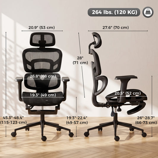 Ergonomic Office Chair with Lumbar Support, 2D Headrest, Mesh Reclining Desk Chair with Footrest, Black