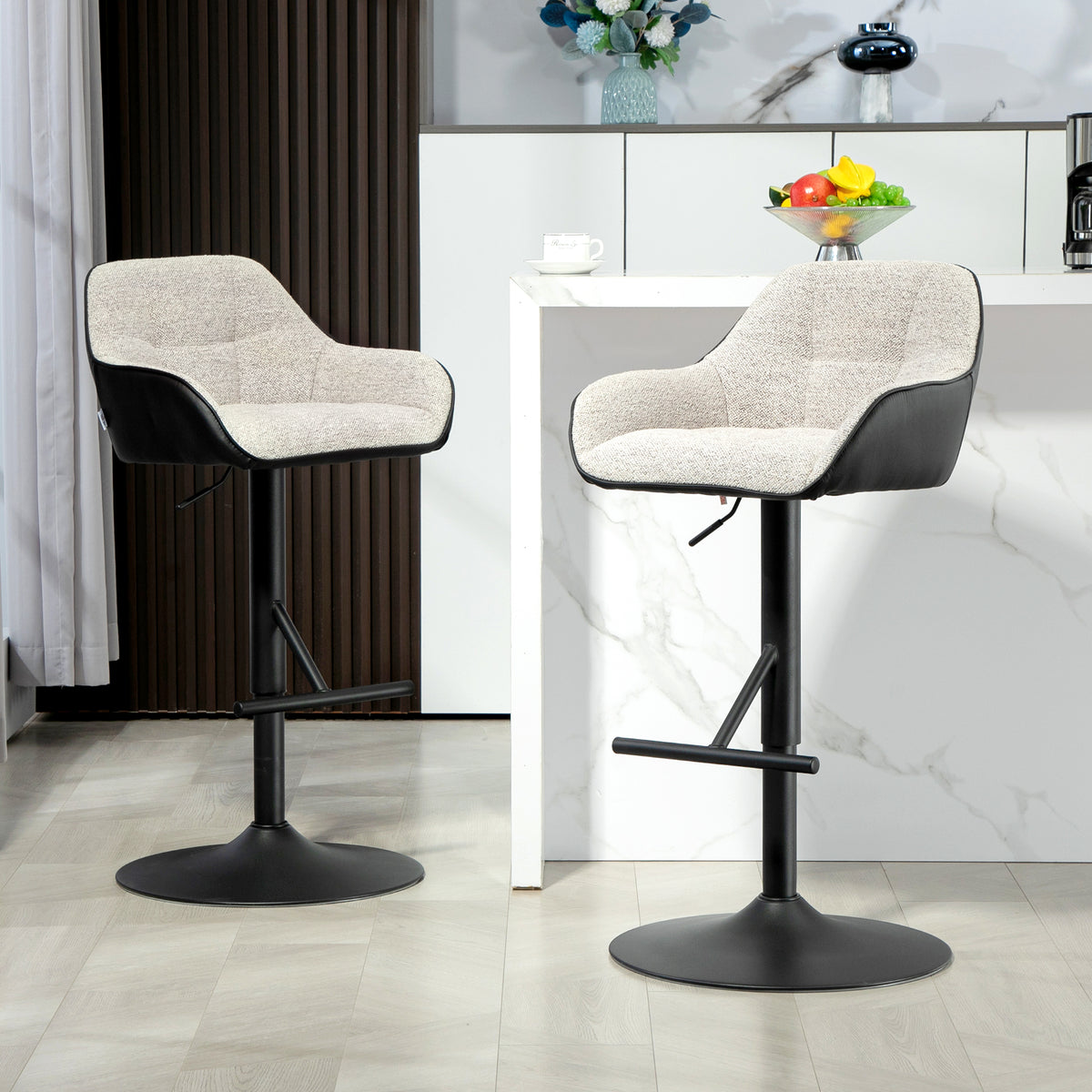 Linen-Look Swivel Bar Stools with Back, Armrests and Footrest, Set of 2