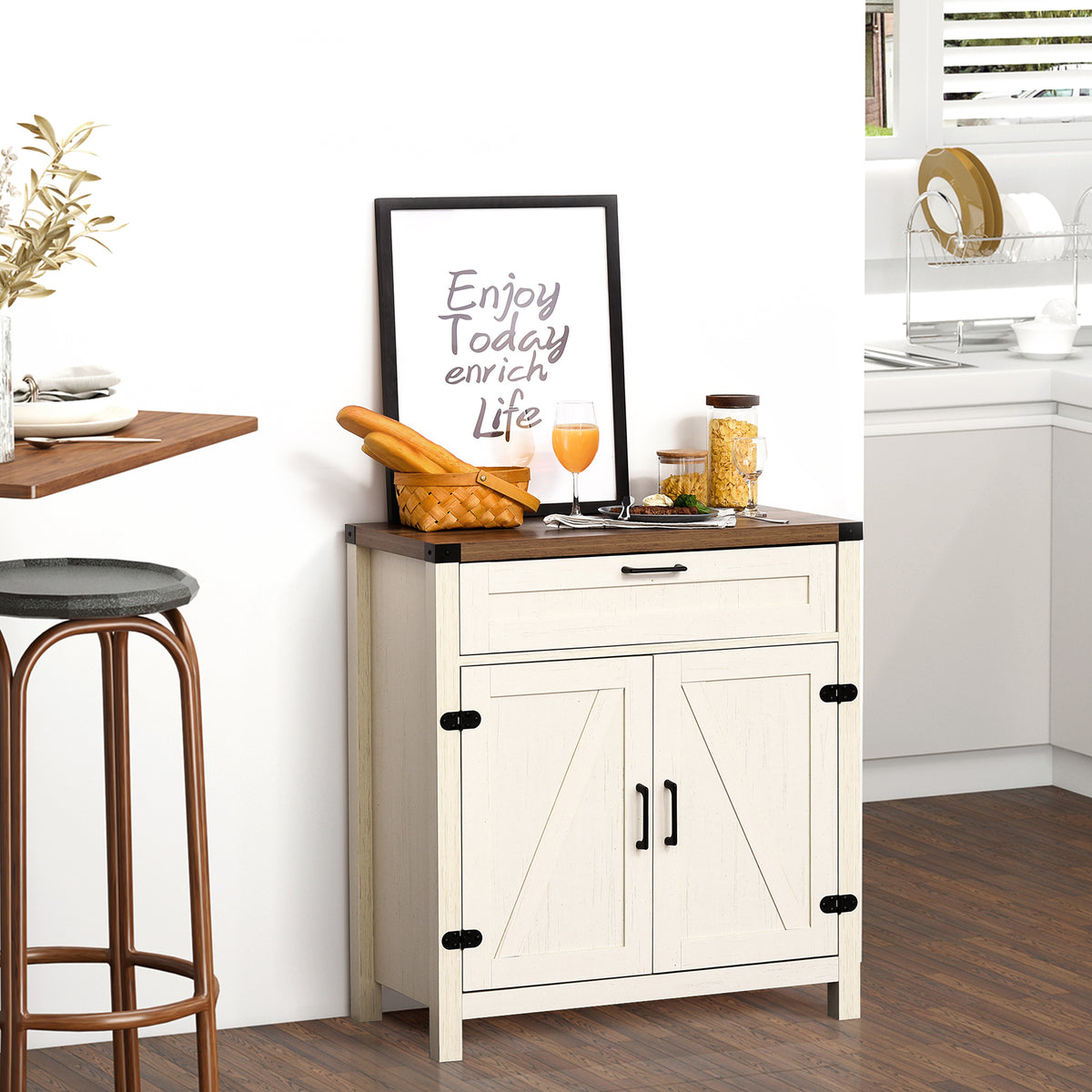 Sideboard Buffet Cabinet with 2 Rustic Barn Doors and Drawer – 30"W x 33"H