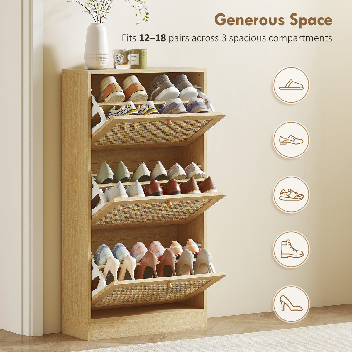 Rattan Shoe Storage Cabinet with 3 Flip Drawers – 24"W x 45"H