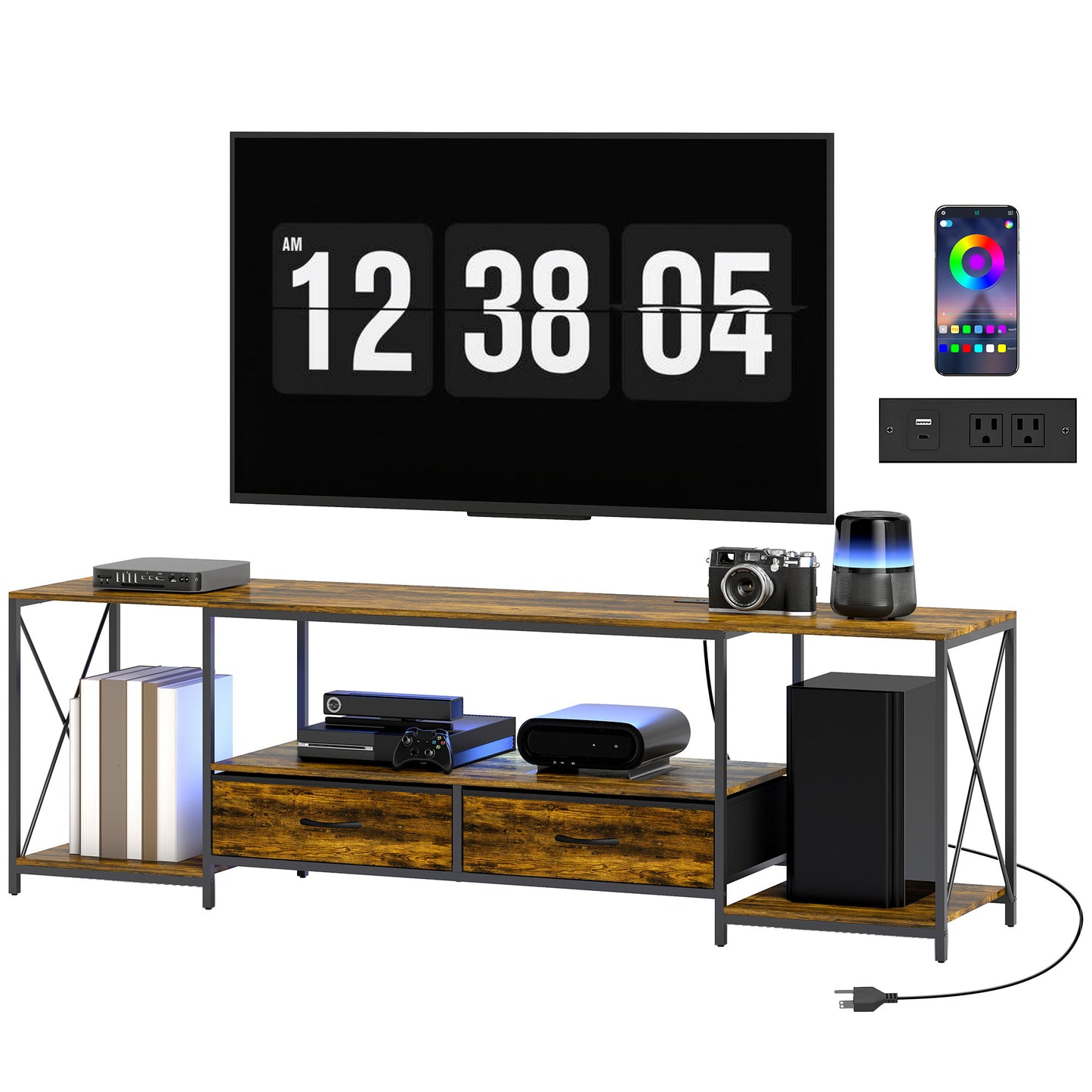 HOMCOM Industrial TV Stand with RGB LED Lights Rustic Brown