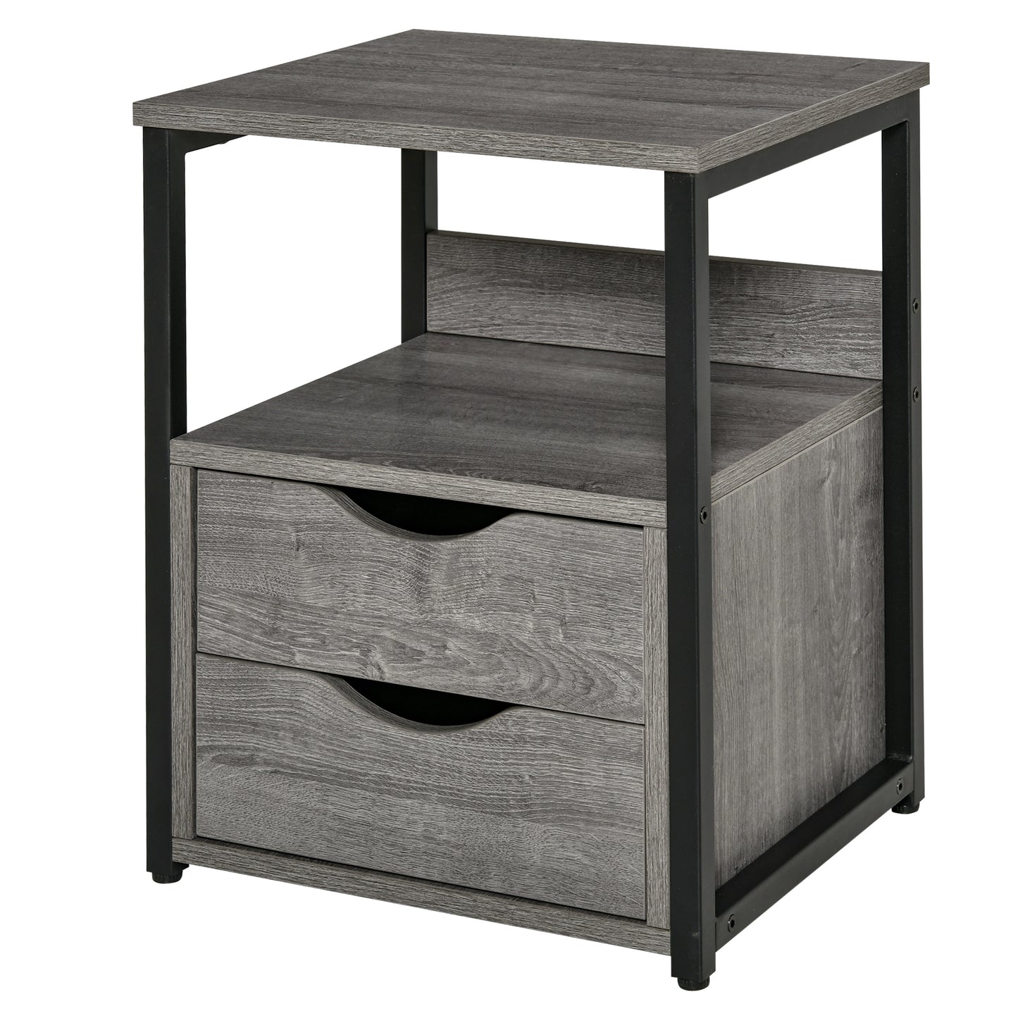 HOMCOM Industrial Grey Nightstand Side Table, 2 Drawers, Open Storage Shelf, Metal Frame
