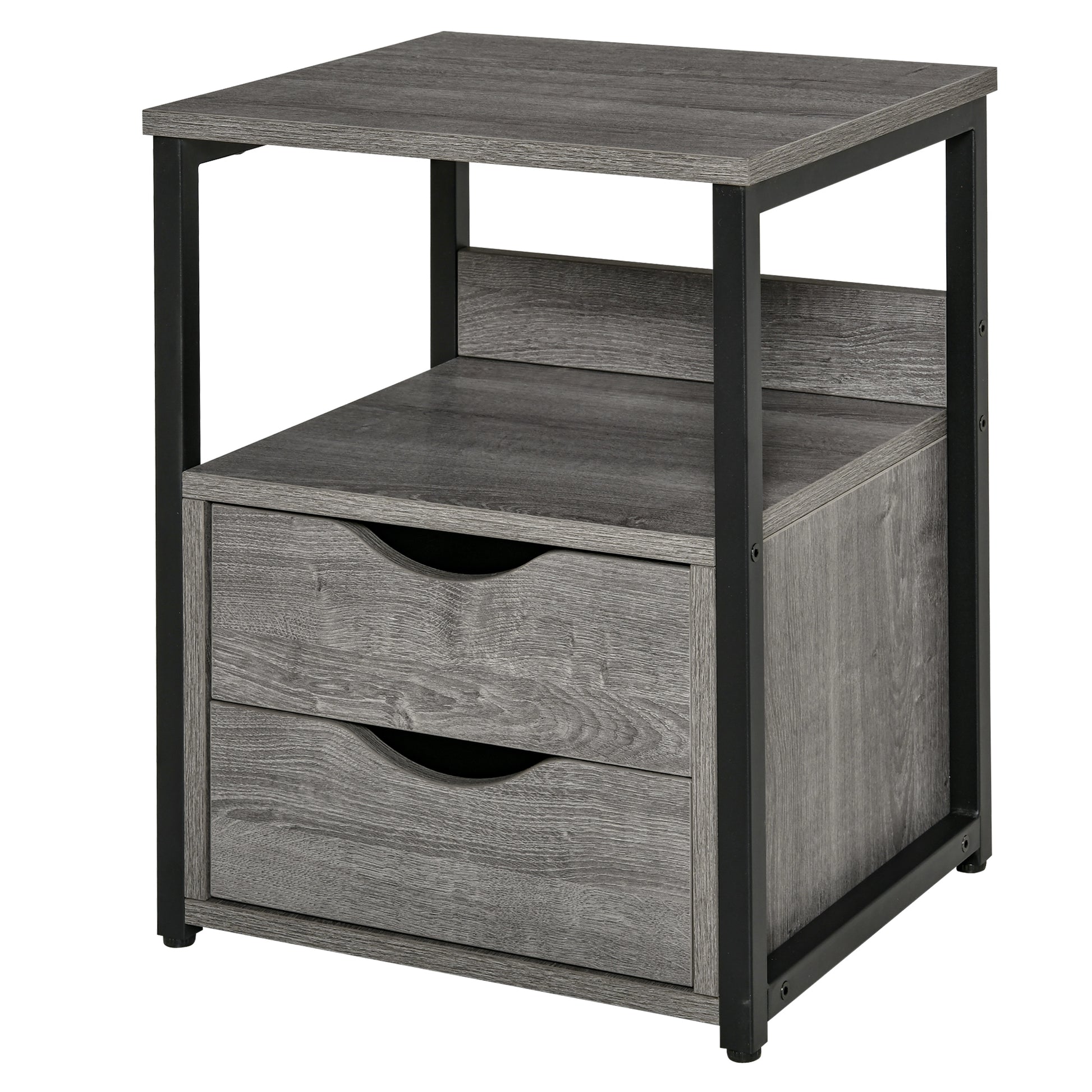 HOMCOM Industrial Grey Nightstand Side Table, 2 Drawers, Open Storage Shelf, Metal Frame