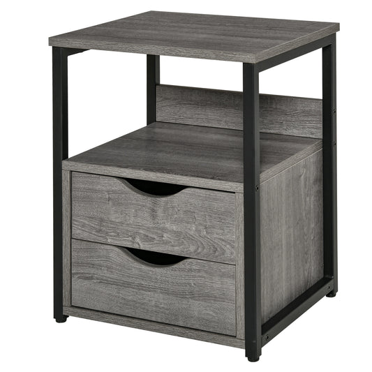 HOMCOM Industrial Grey Nightstand Side Table, 2 Drawers, Open Storage Shelf, Metal Frame
