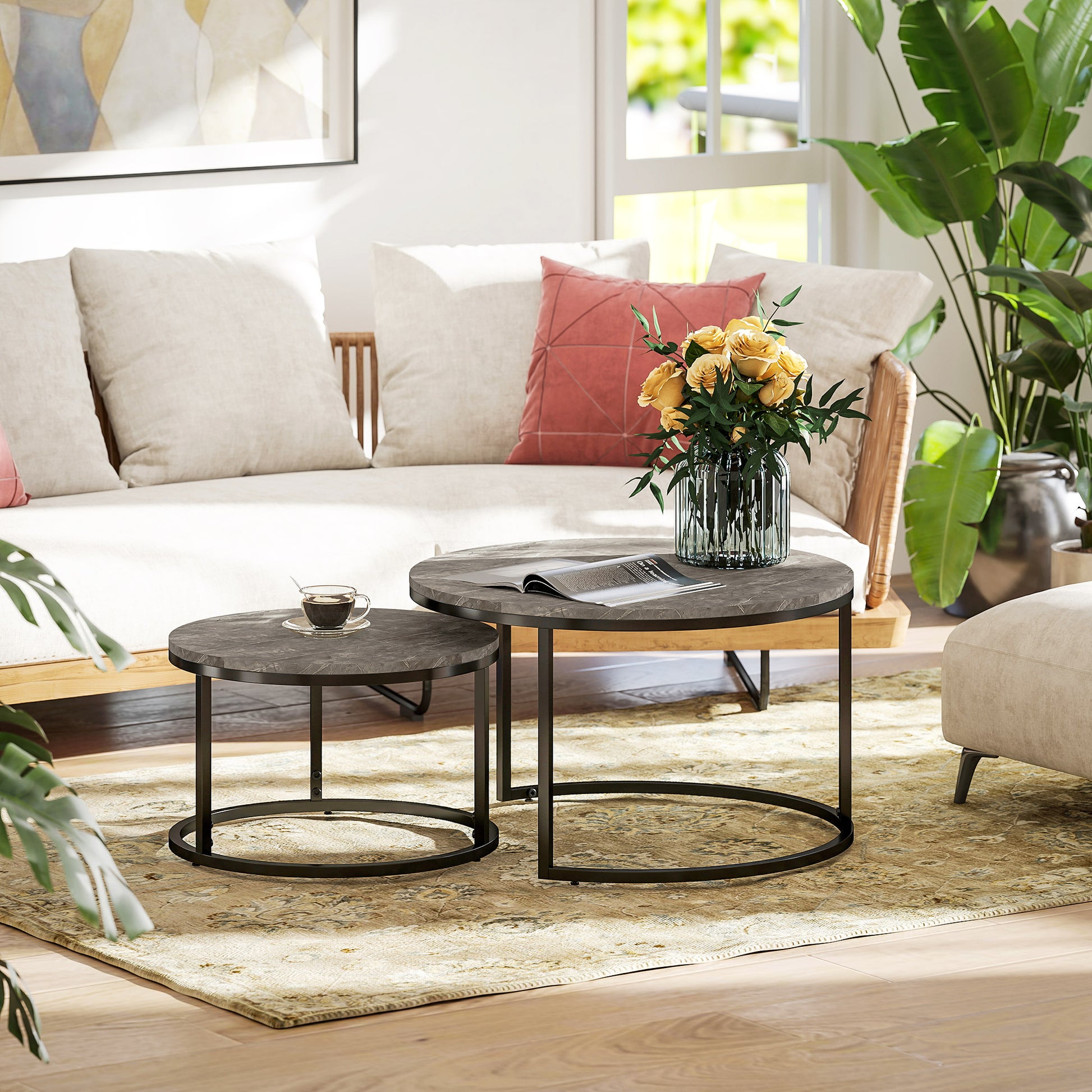 HOMCOM Modern Nesting Coffee & Side Table Set, 2 Faux Marbled Grey Tables