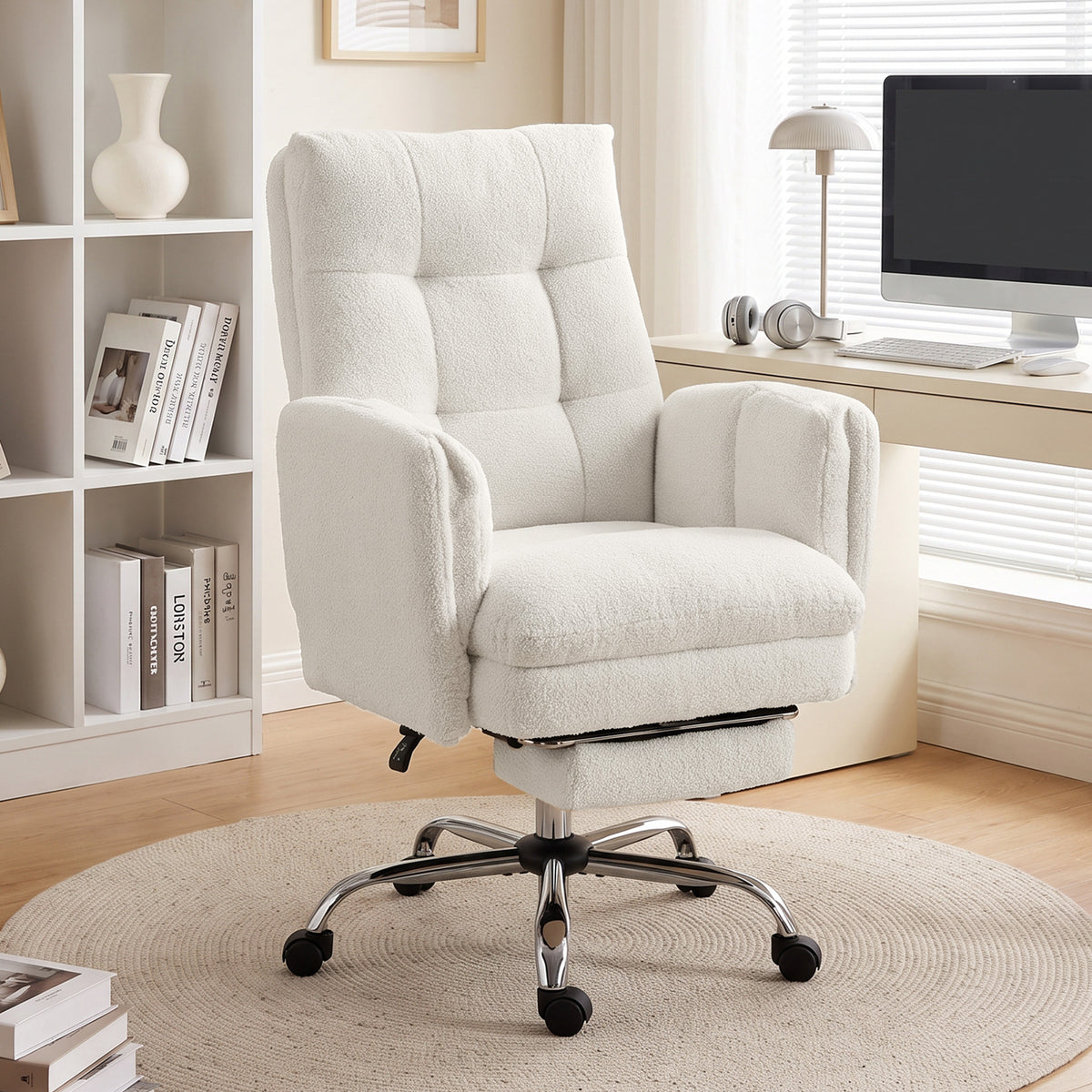 Office Chair, Teddy Fleece Executive Computer Desk Chair with Foldable Armrests, Cream White