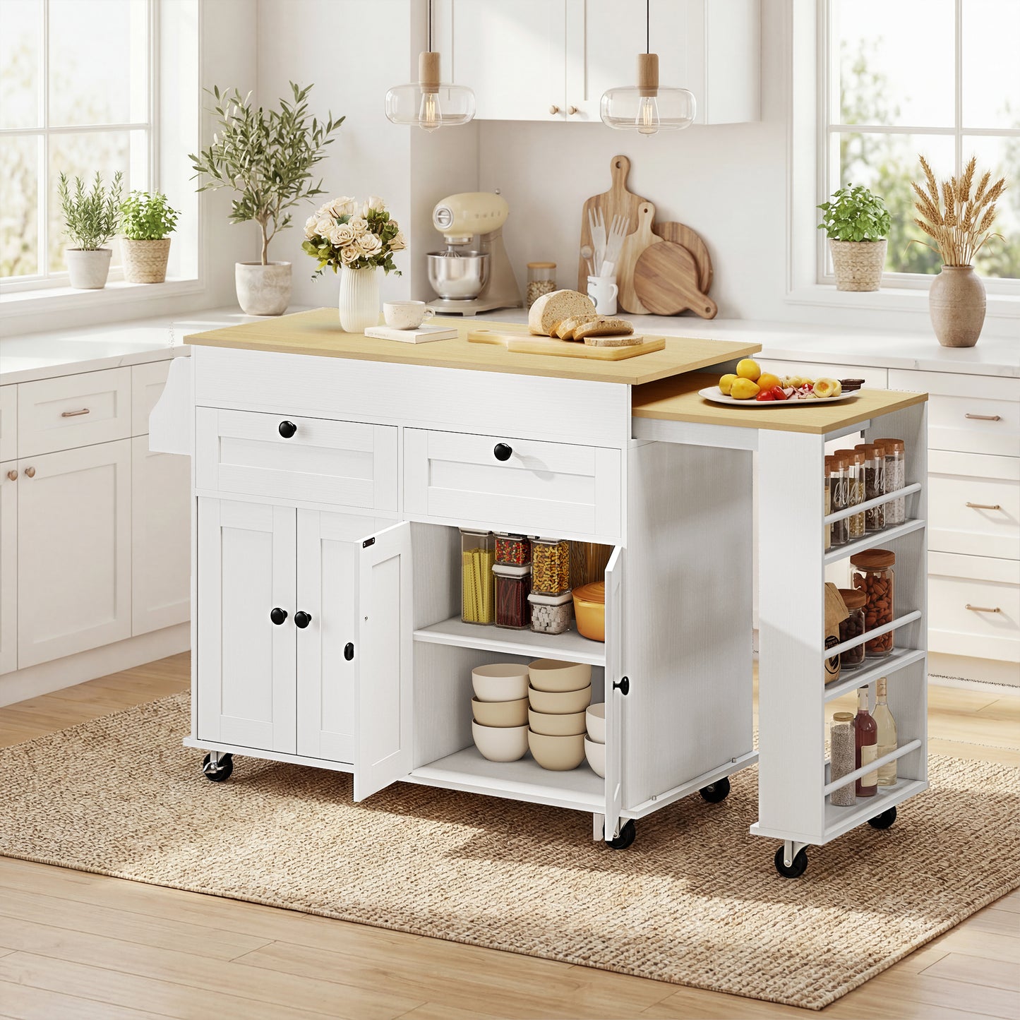 HOMCOM Kitchen Island with Expandable Sliding Top, Rolling Cart White