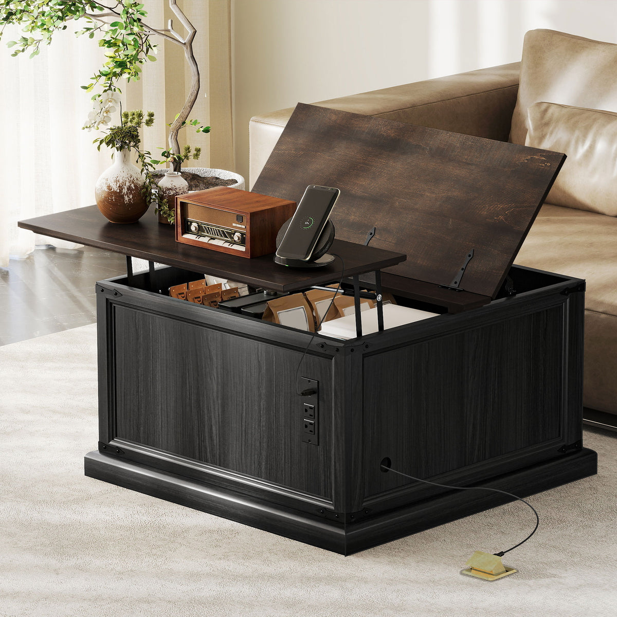 Square Lift-Top Coffee Table with Charging Station and Hidden Storage