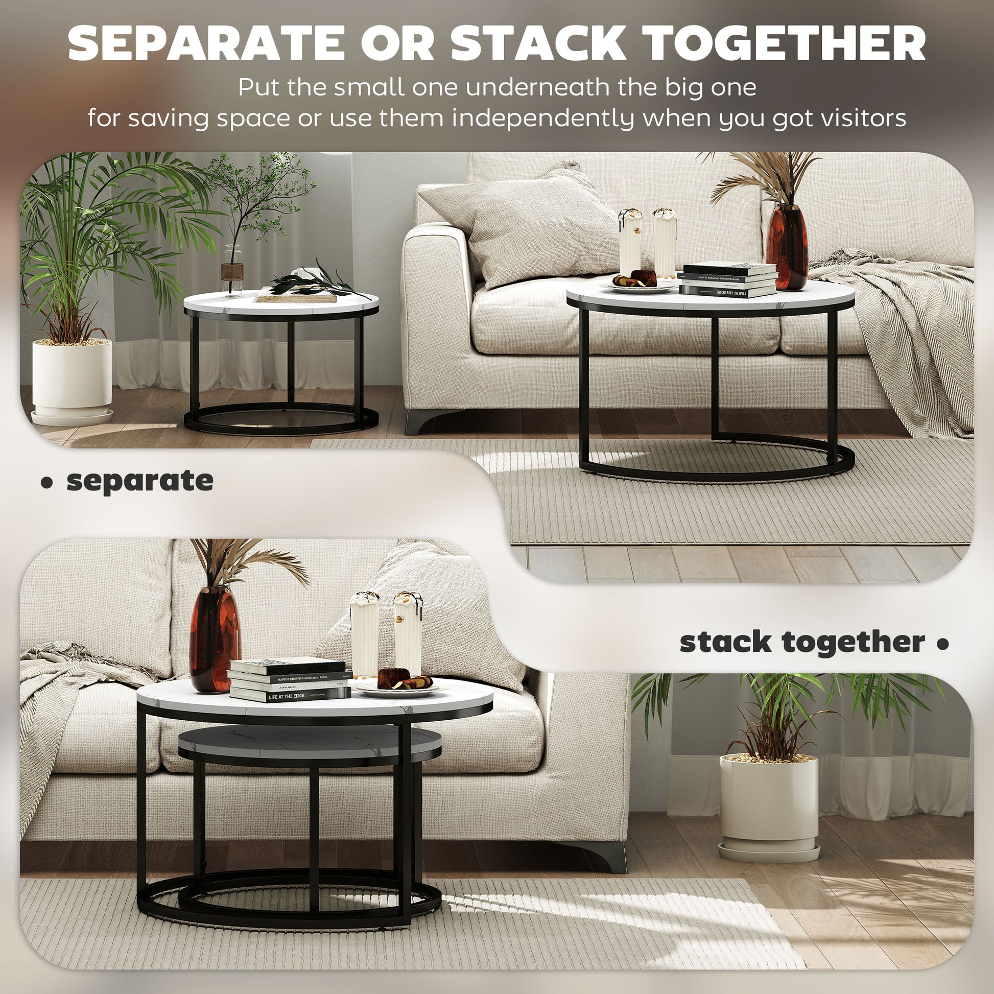 HOMCOM Modern 2-Piece Nesting Round Coffee Table Set, Metal Base