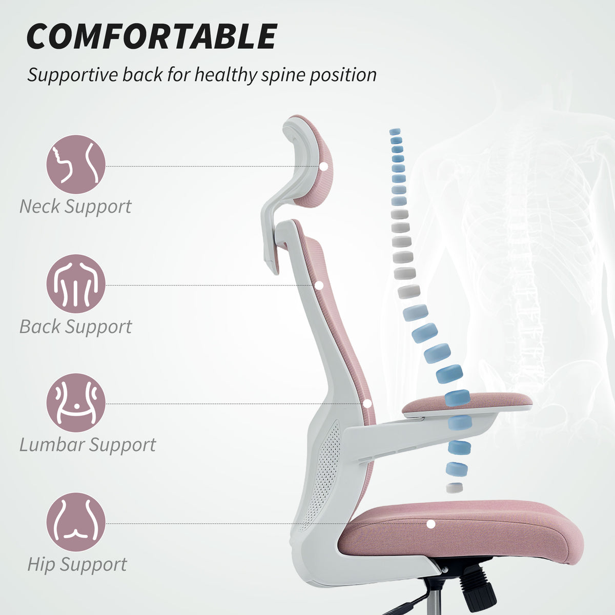 Ergonomic Office Chair, Swivel Desk Chair with Adjustable Lumbar Support, Pink