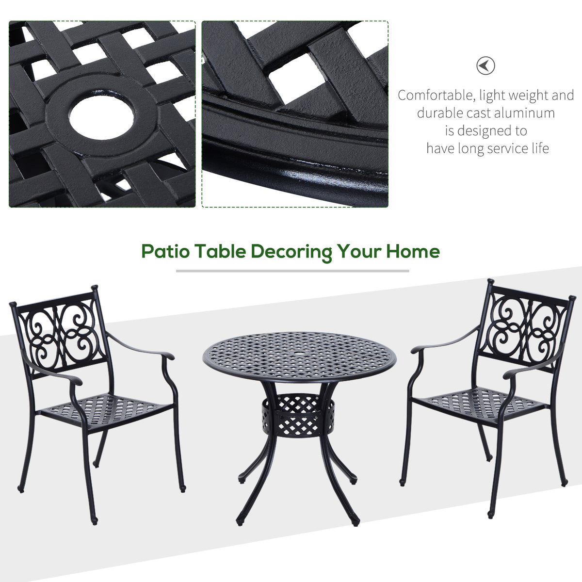 33-Inch Roud Patio Dining Table with Umbrella Hole, Cast Aluminum Garden Table, All Weather Patio Bisto Table, for Lawn, Garden, Outside