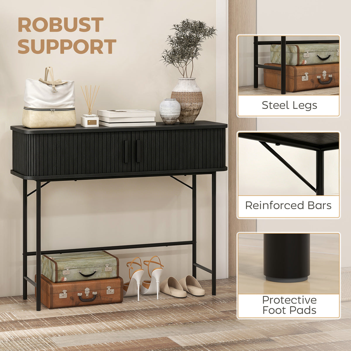 Mid-Century Entryway Console Table with Storage Compartments, Black