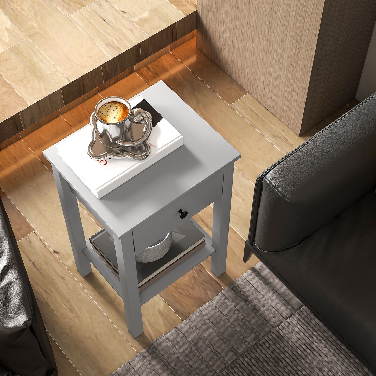 HOMCOM Grey 2-Piece End Tables with Drawer and Bottom Shelf