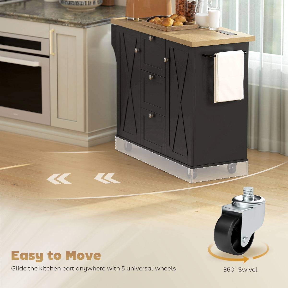 Farmhouse Kitchen Island Cart with Power Outlet and Soft-Close Doors – 49"W x 35"H