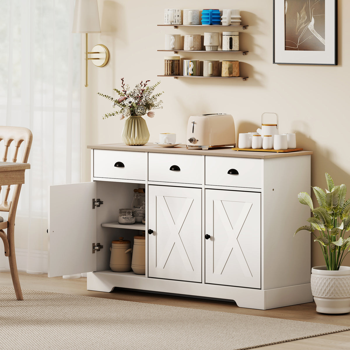 Farmhouse Sideboard with 3 Barn Doors and 3 Drawers – 47"W x 30"H