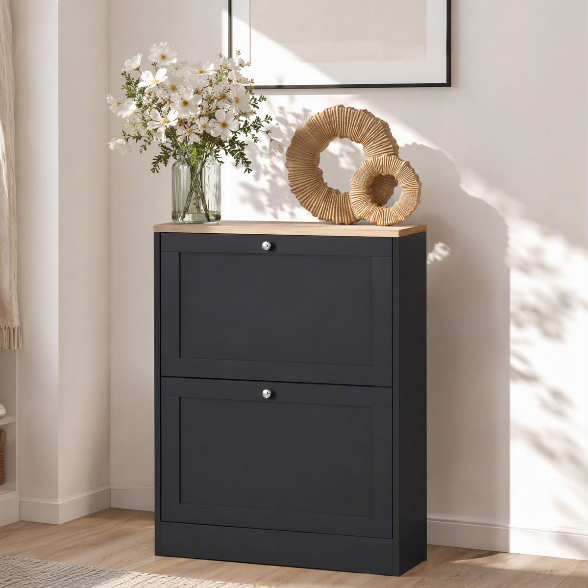 Slim Modern Shoe Cabinet with 2 Flip Drawers – 24"W x 32"H