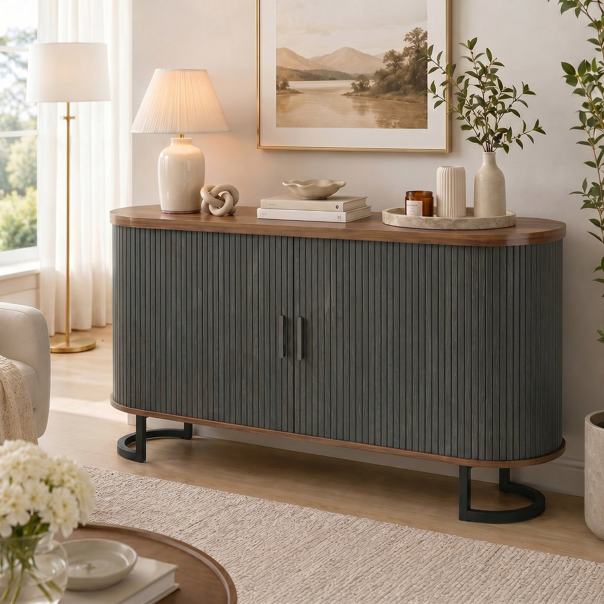 Modern Coffee Bar Cabinet with Sliding Doors and Adjustable Shelves – 55"W x 30"H