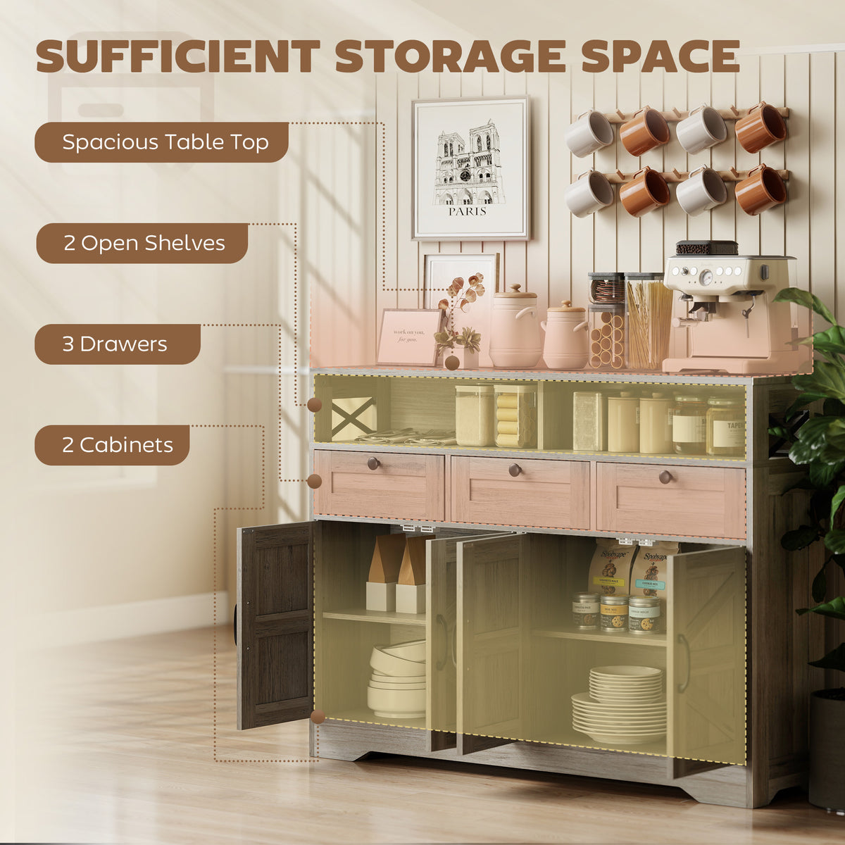 Buffet Cabinet with 4 Barn Doors and 3 Drawers – 47"W x 35"H