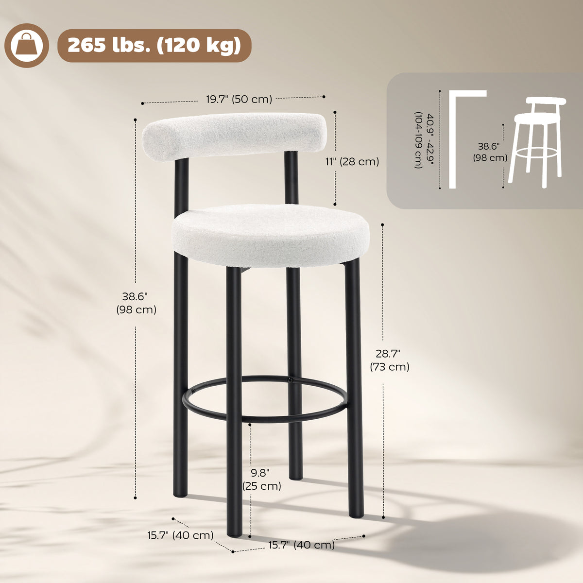 Sherpa Bar Height Stools with Backrest and Footrest, Set of 2, Cream White