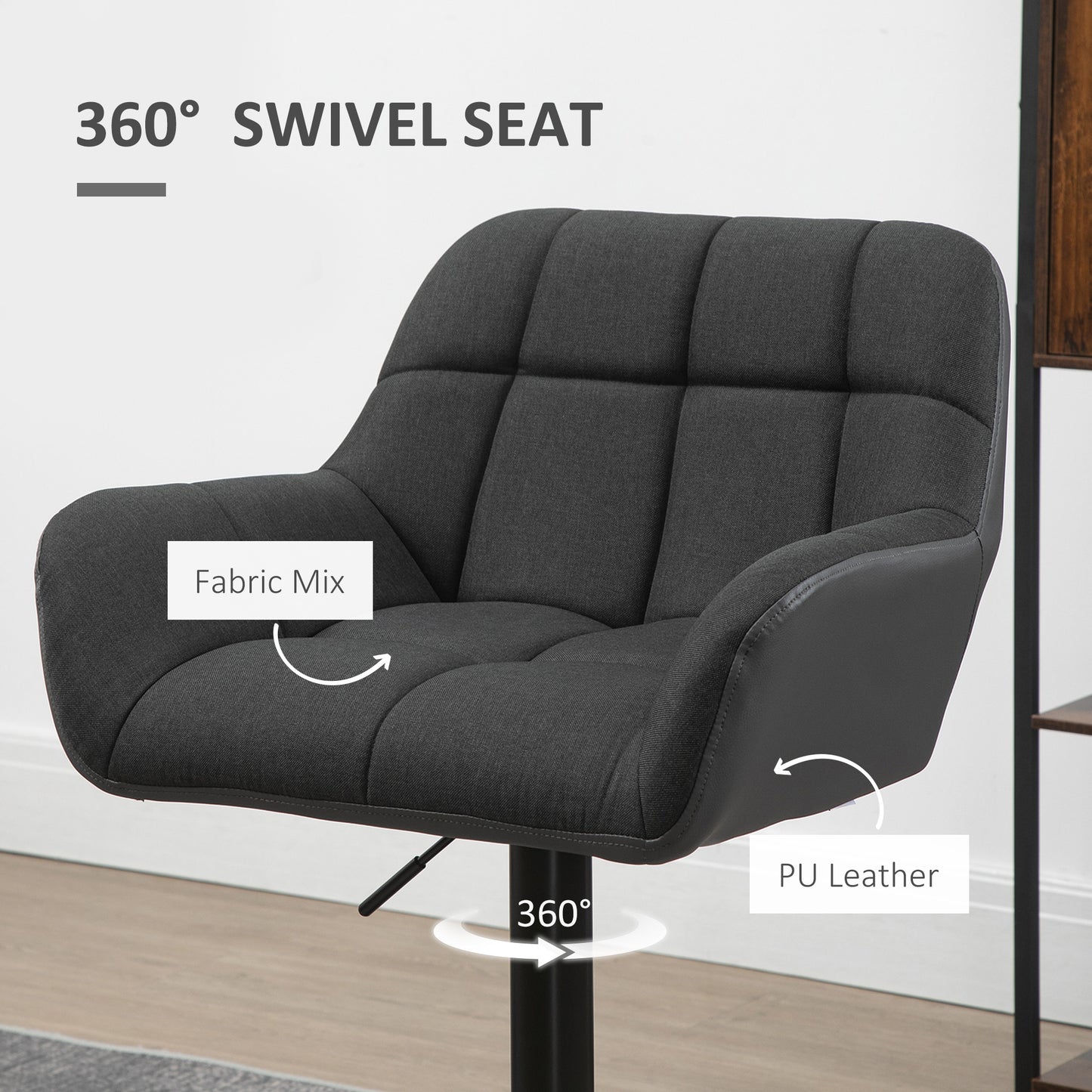 HOMCOM Adjustable Swivel Bar Stools Set of 2, Tufted Fabric, Armrests, Footrest