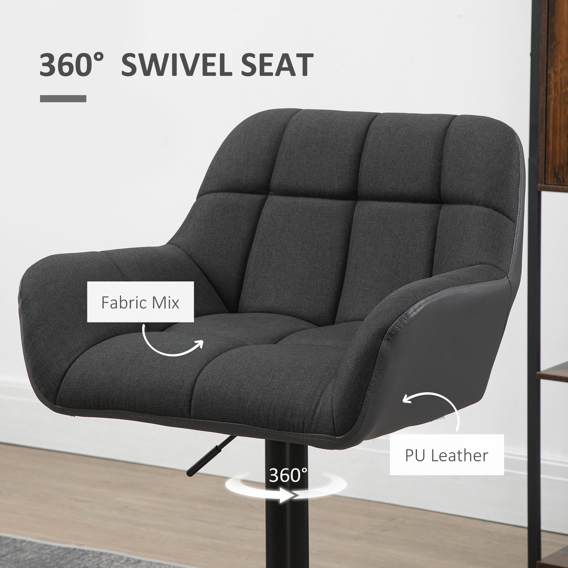 HOMCOM Adjustable Swivel Bar Stools Set of 2, Tufted Fabric, Armrests, Footrest