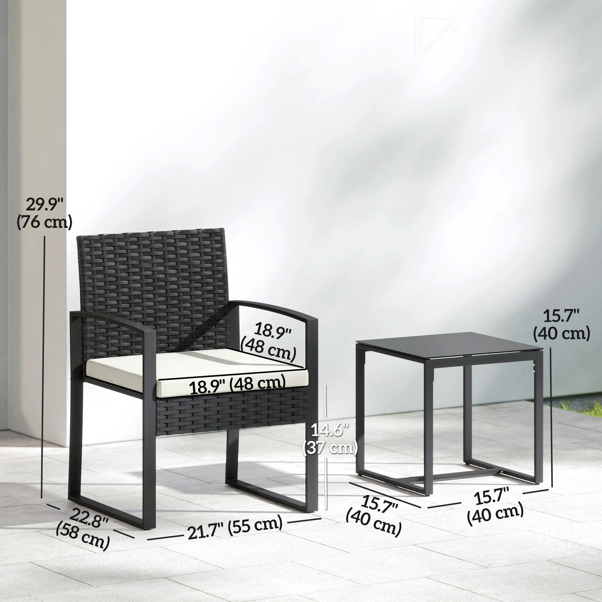 Outdoor Bistro Set, 3 Piece Wicker Patio Furniture Set with Glass Top Table and Cushions for Porch, Balcony – Cream White