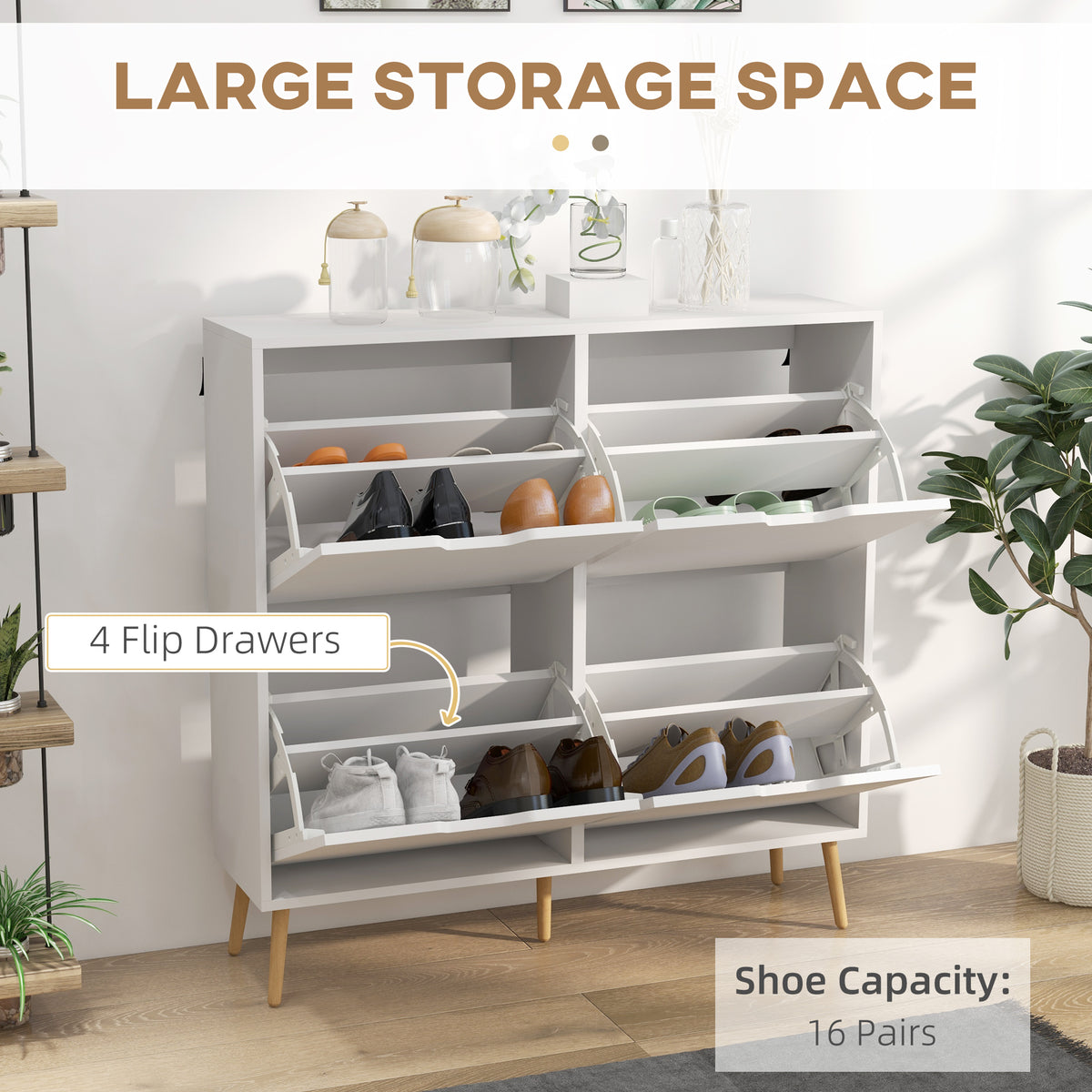 Shoe Storage Cabinet with 4 Flip Drawers and Adjustable Shelf – 37"W x 37"H