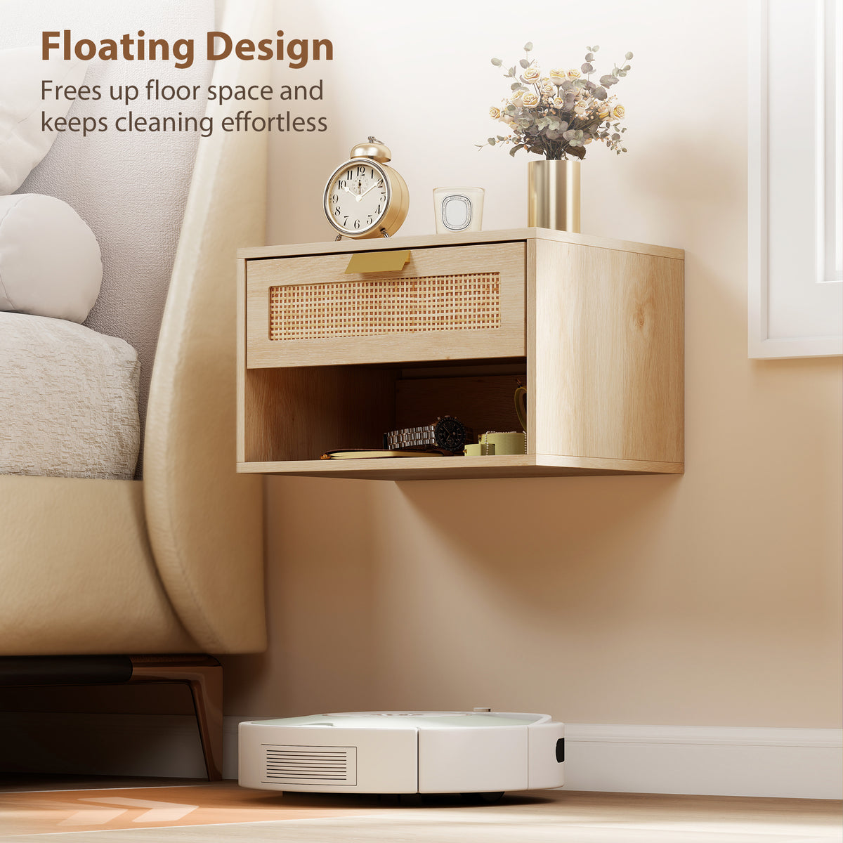 Nordic Floating Nightstands with Drawer and Shelf, Set of 2 – 16"W x 10"H