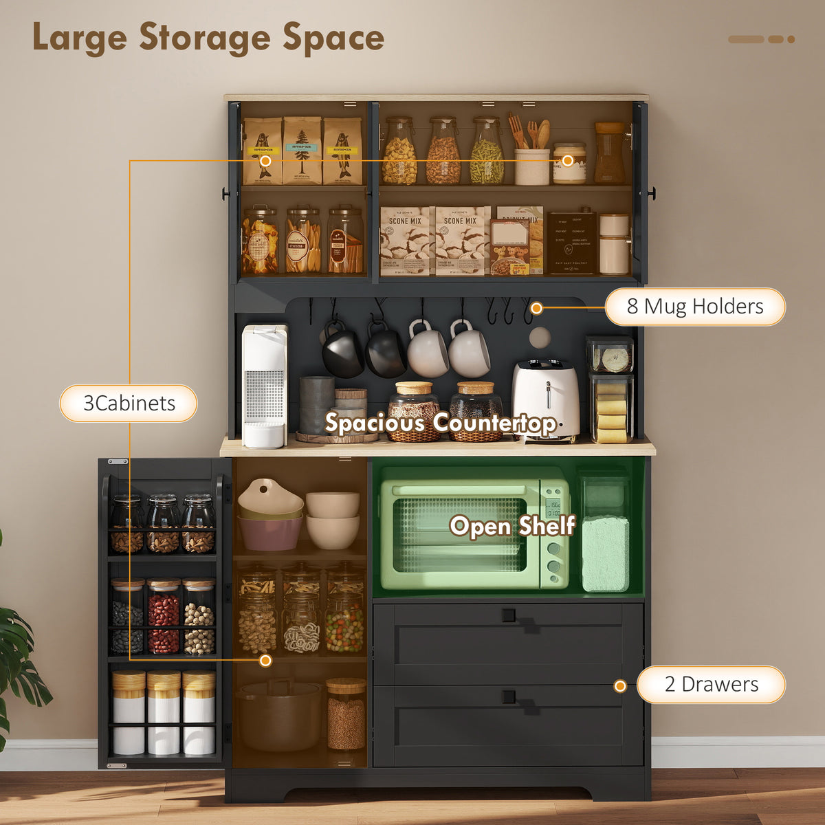 Tall Kitchen Hutch with 3 Cabinets – 39"W x 64"H