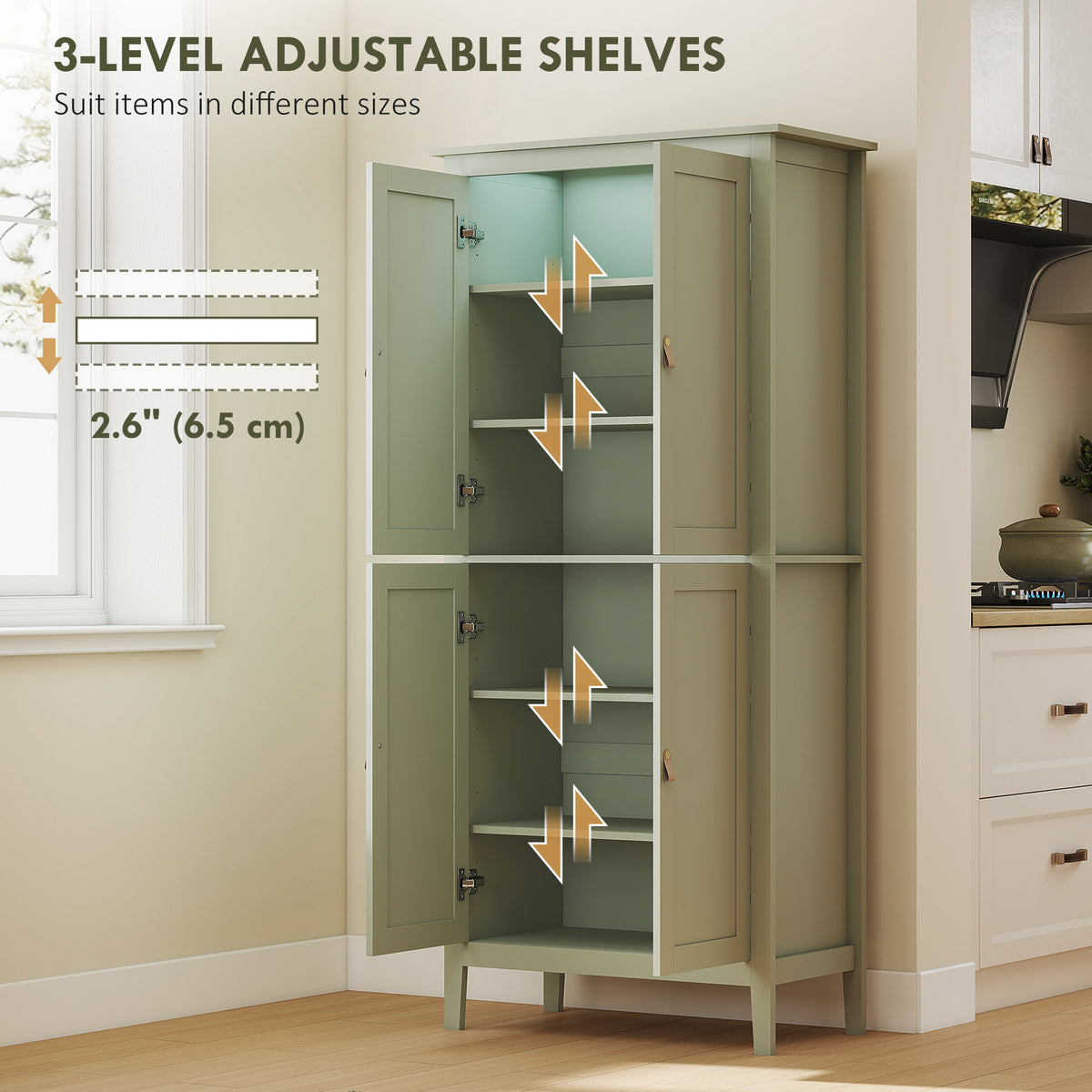 Tall Kitchen Pantry Storage Cabinet with Motion Sensor LED Light – 32"W x 70"H