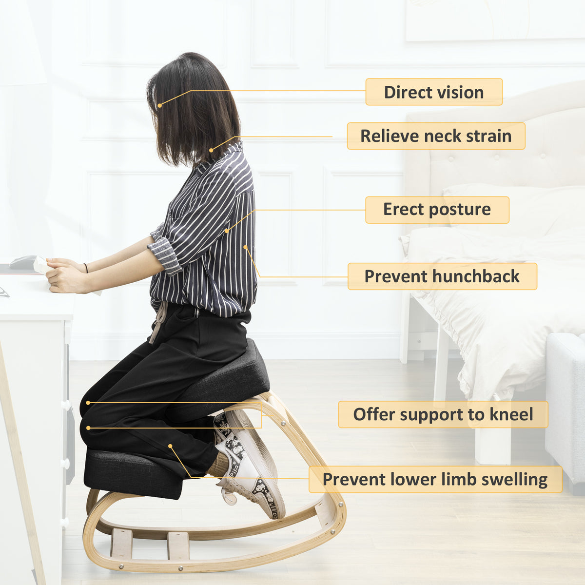 Ergonomic Kneeling Chair, Wood Kneel Stool with Thick Pads, Desk Knee Chair, Black