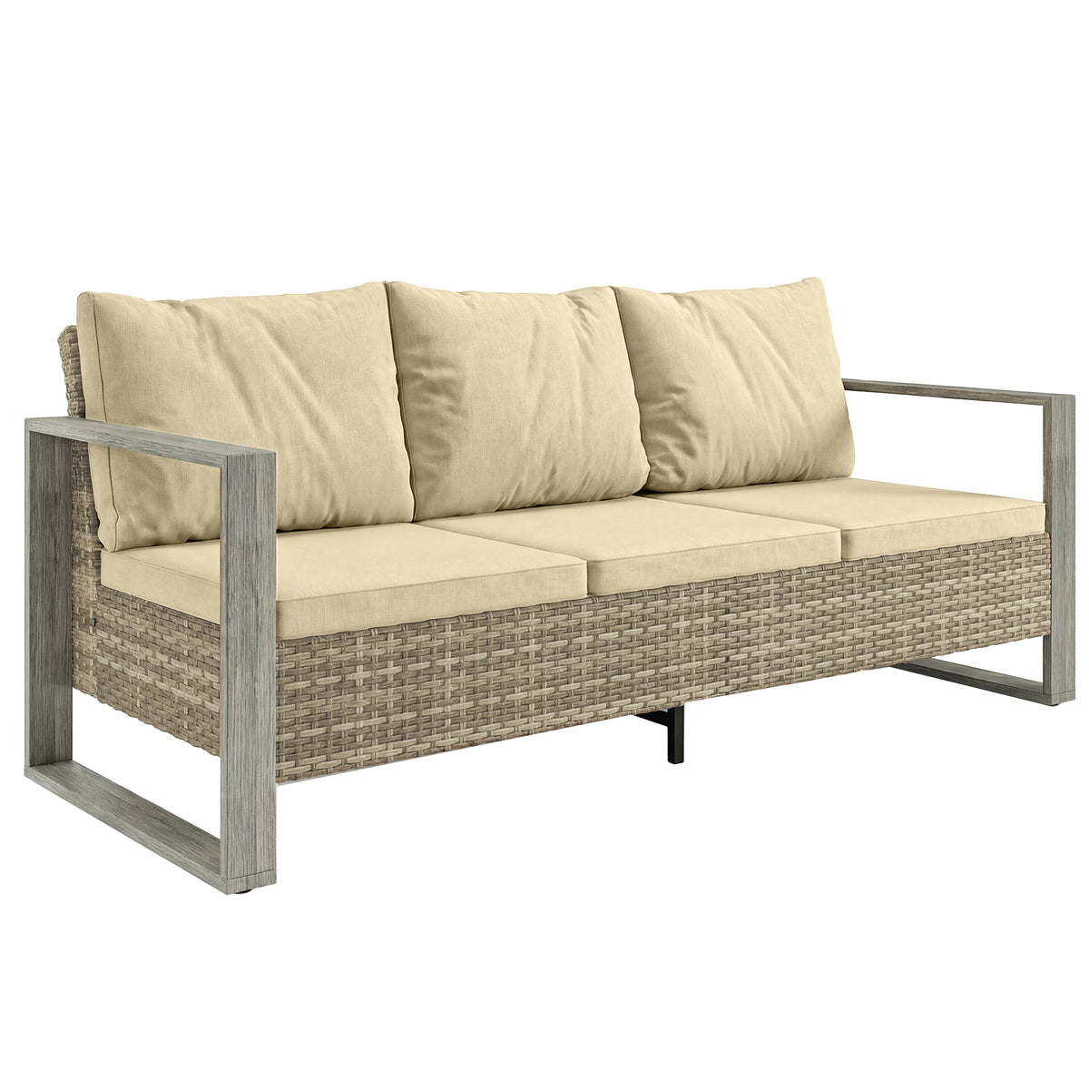 3-Seater Outdoor Couch, PE Wicker Patio Sofa with Deep Seat, Wood-Effect Aluminum Armrests, Cushions
