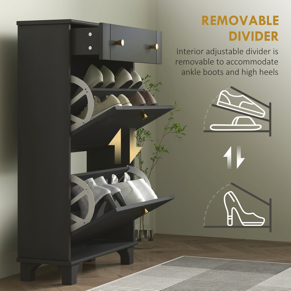 Slim Shoe Storage with 2 Flip Drawers and Adjustable Shelves – 24"W x 39"H