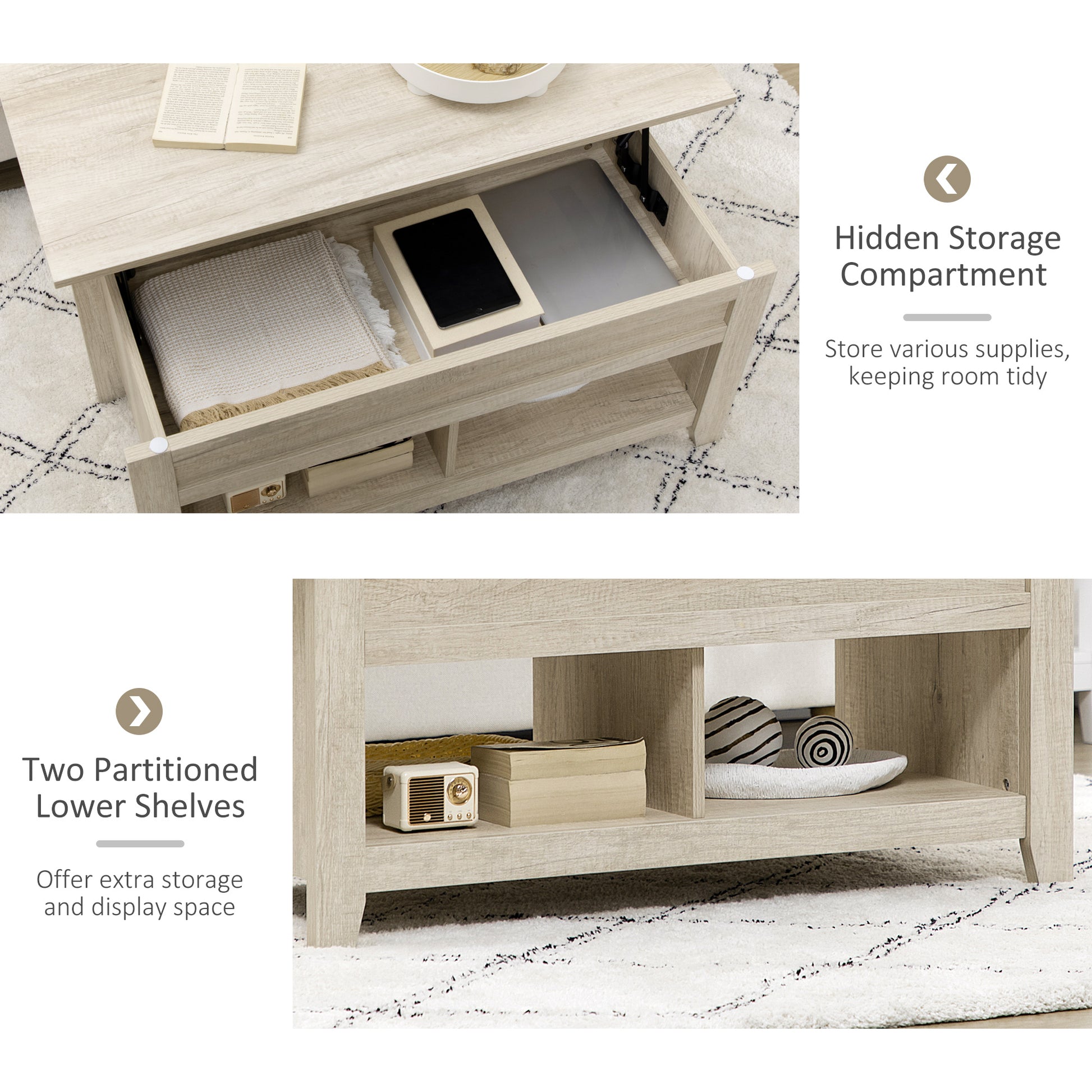 HOMCOM Lift Top Coffee Table with Hidden Storage, Open Shelves, Pop-Up Center Table, Oak Effect