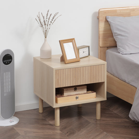 HOMCOM Modern Natural Wood Bedside Table with Drawer, Open Shelf Storage