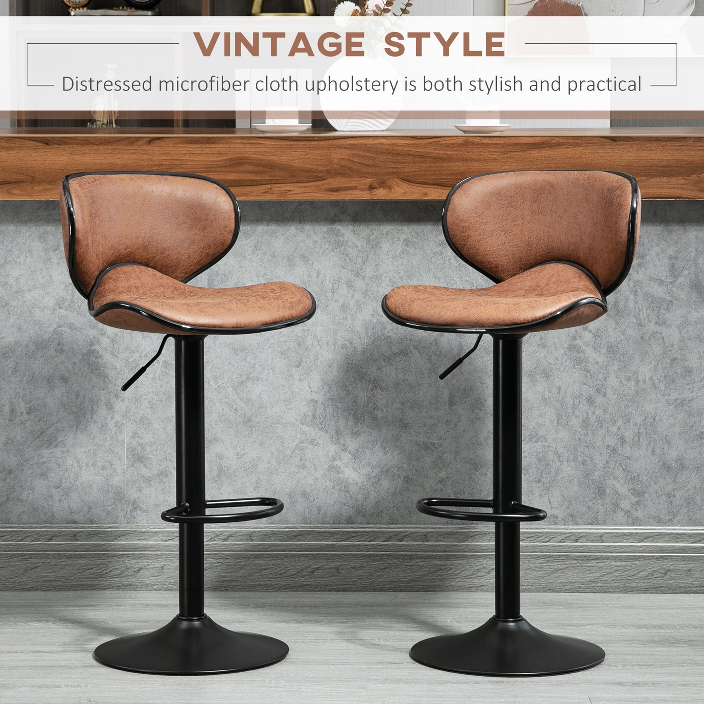 HOMCOM Vintage Brown Microfiber Adjustable Swivel Bar Stools, Set of 2