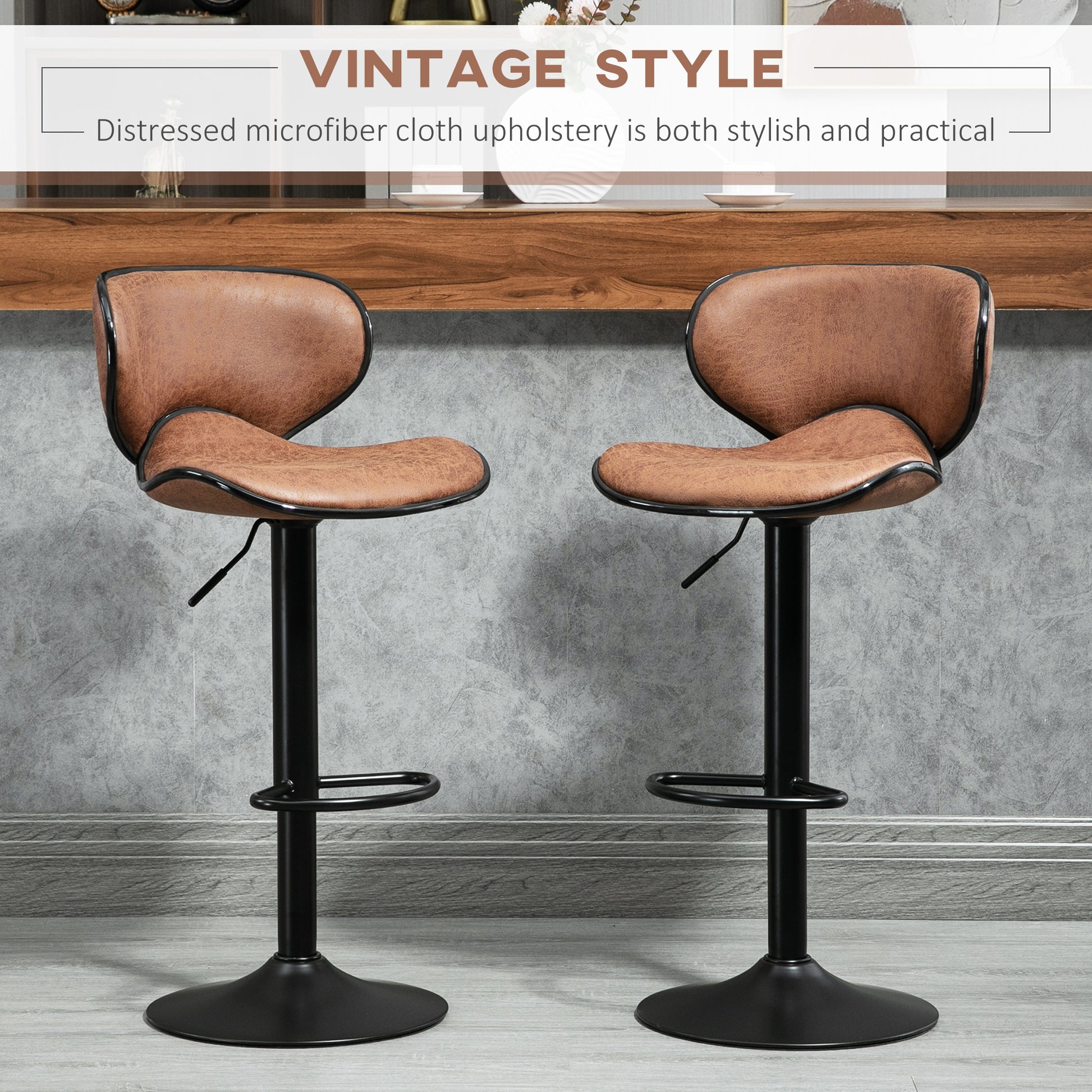 HOMCOM Vintage Brown Microfiber Adjustable Swivel Bar Stools, Set of 2