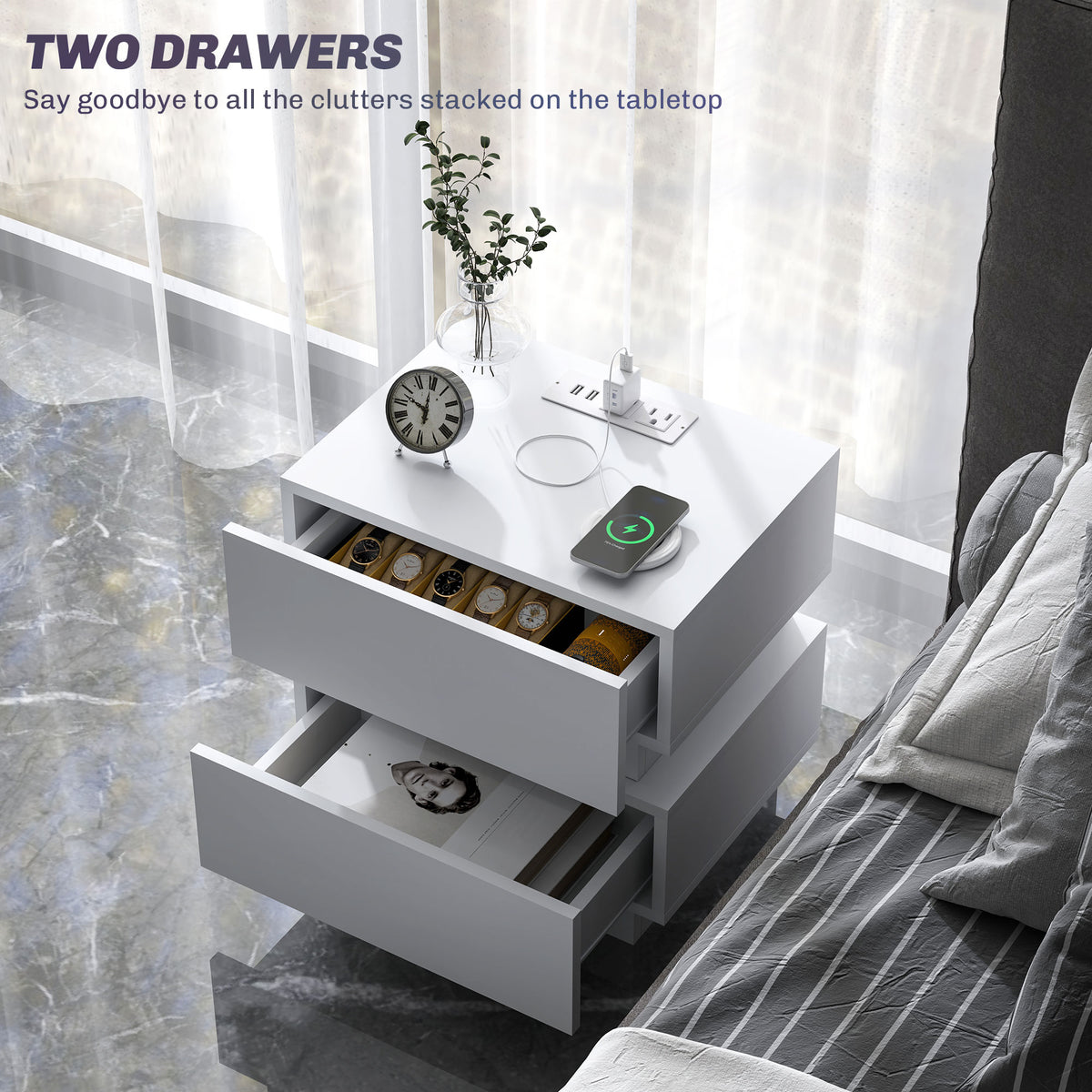 Nightstand with Charging Station and LED Light – 18"W x 18"H