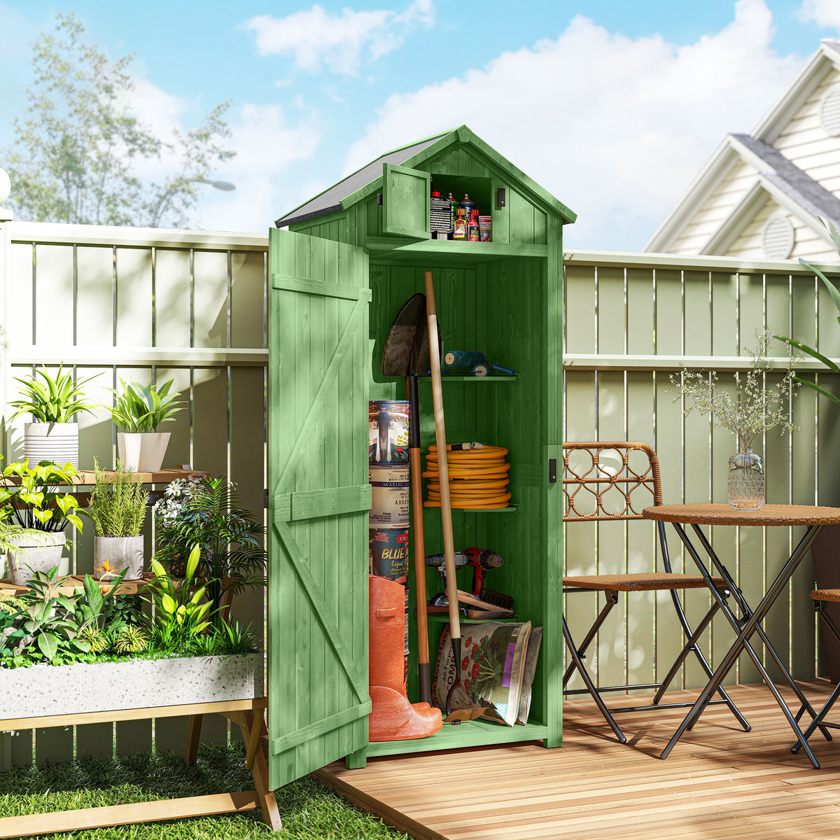 30" x 21" x 71" Garden Storage Shed, Outdoor Tool Utility Storage House with 3 Tier Shelves and Roof – Green
