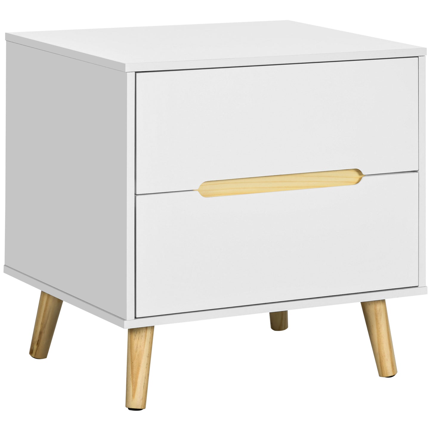 HOMCOM Modern White Nightstand with 2 Drawers, Solid Pine Wood Legs